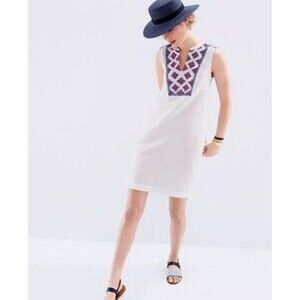 J. Crew Dress Womens Small White Sunburst Embroidered Linen Shift Boho Aztec
